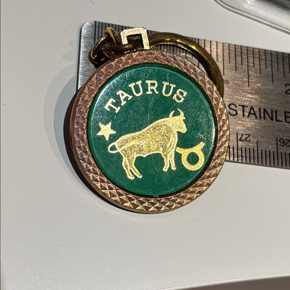 Vintage Taurus Keyring Green and Gold Signed “HIT” USA